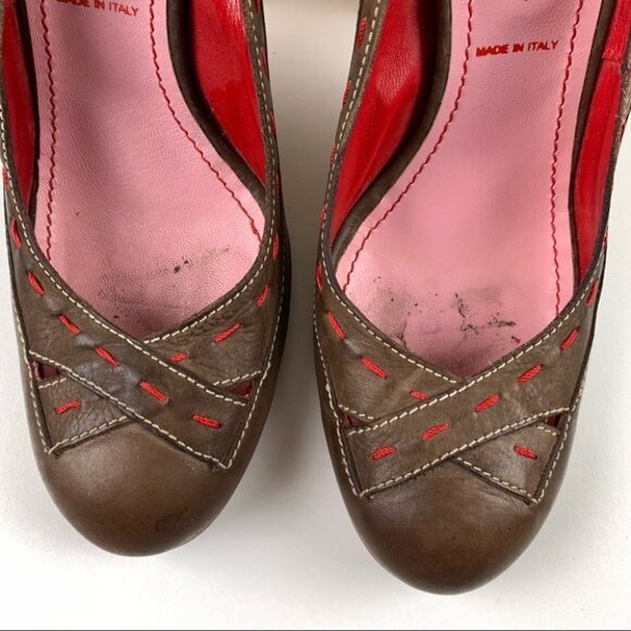 Miss Sixty Brown Leather Red with Red Stitching Chunky Heel size 38 - Picture 11 of 13